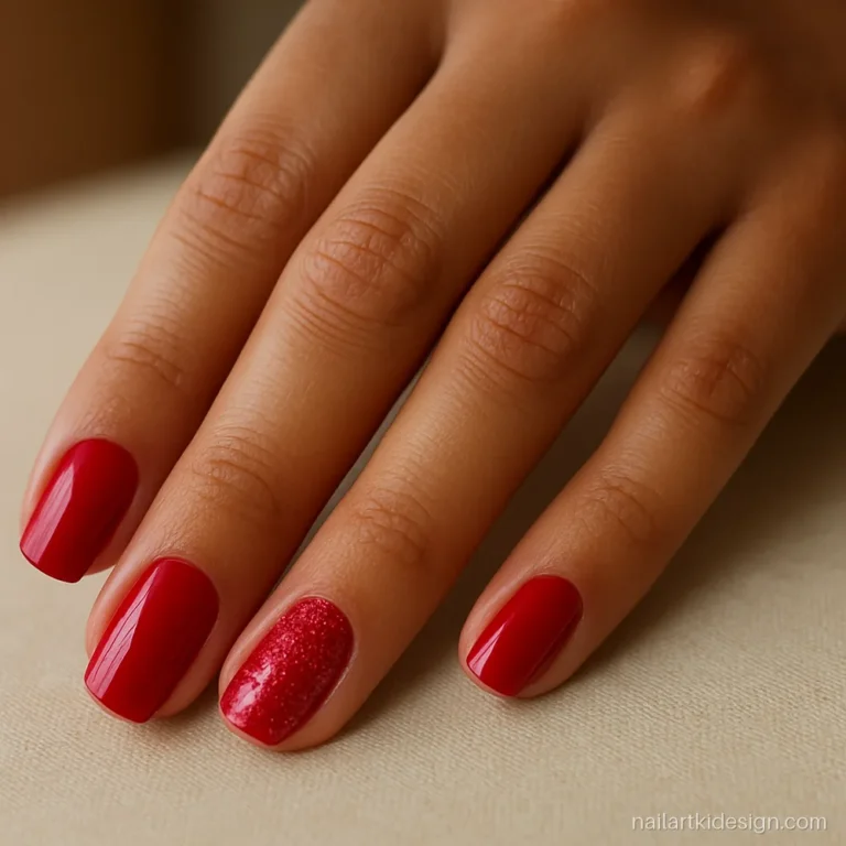 Glossy red square nails with one red glitter accent nail on each hand