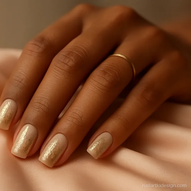 Square nails with a reverse gold glitter gradient starting at the cuticle