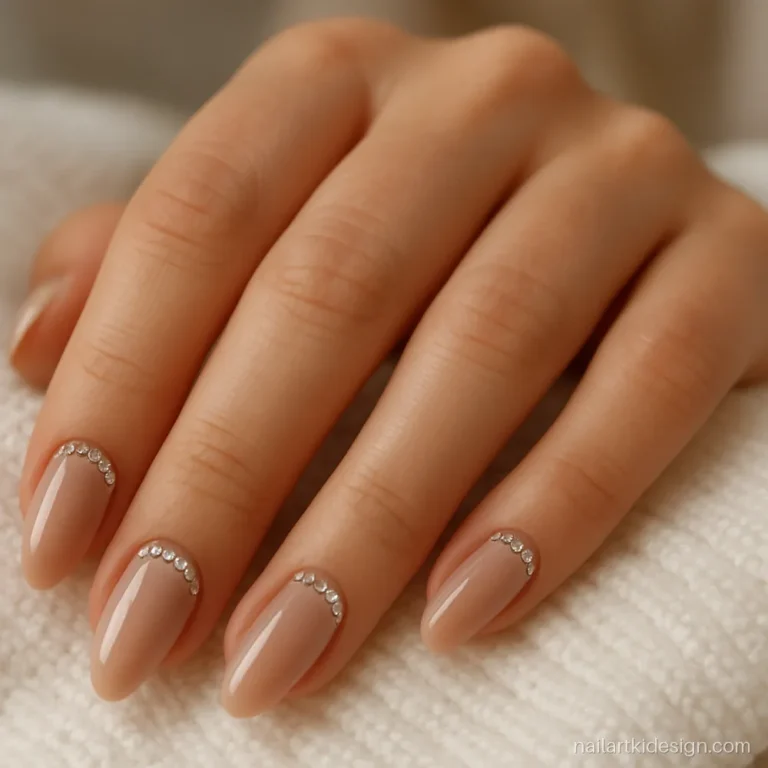 Rhinestone nail art with a small crystal line at the cuticle on nude almond nails