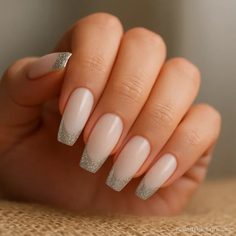 Silver glitter nails with thick sparkle tips over milky white on coffin nails