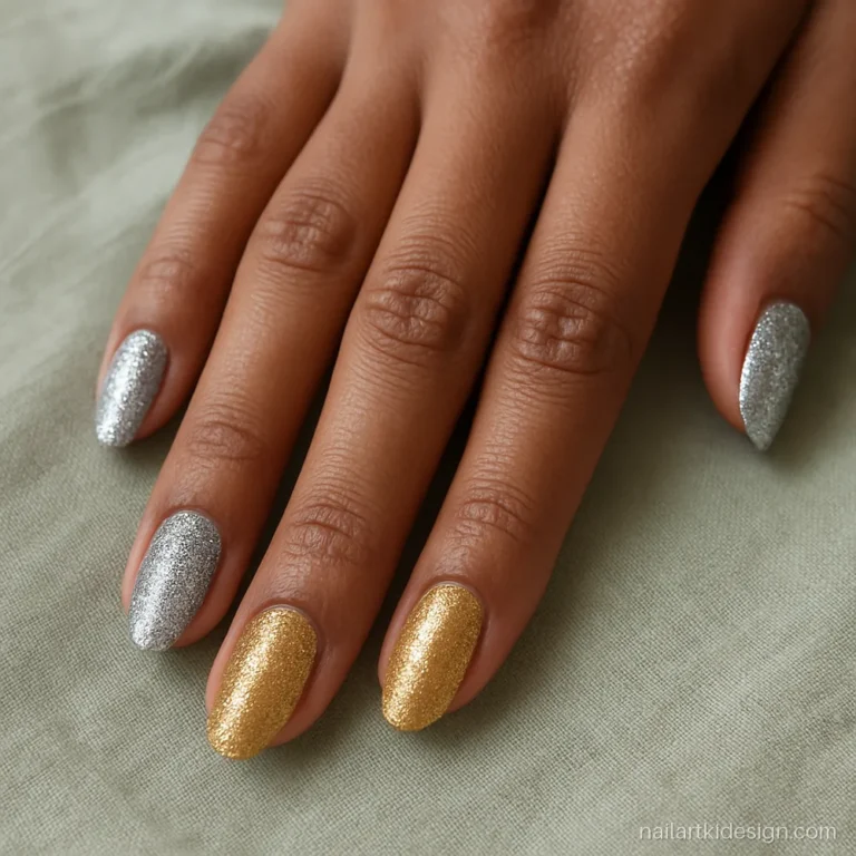 Mixed silver and gold glitter nail designs alternating on medium almond nails