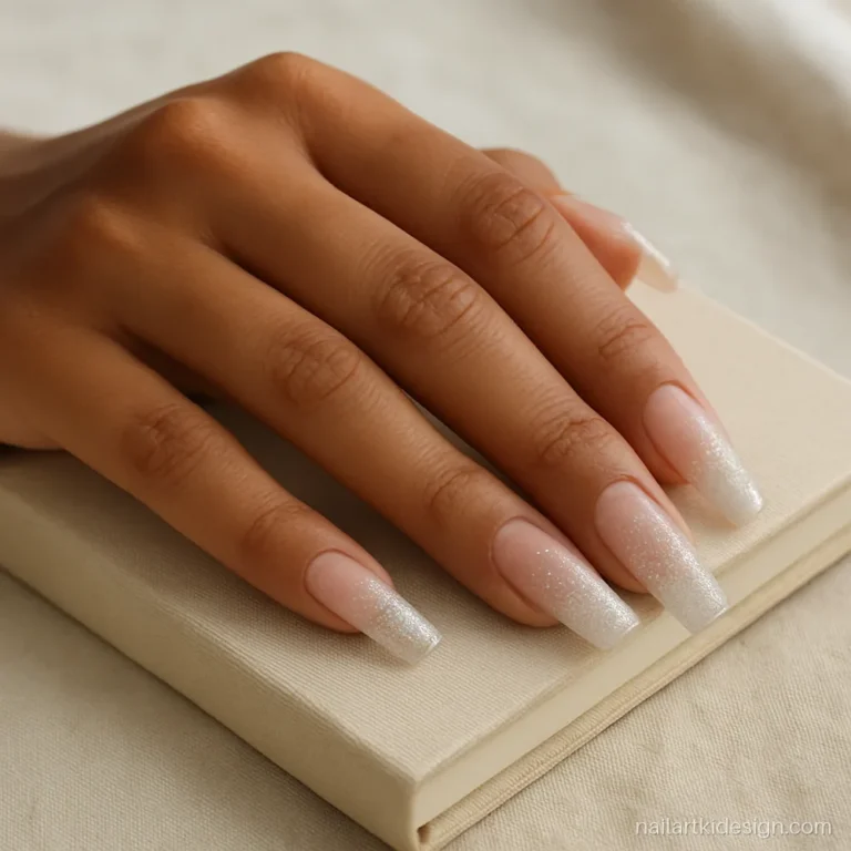 Transparent glitter nail polish gradient fading down from the tips on coffin nails