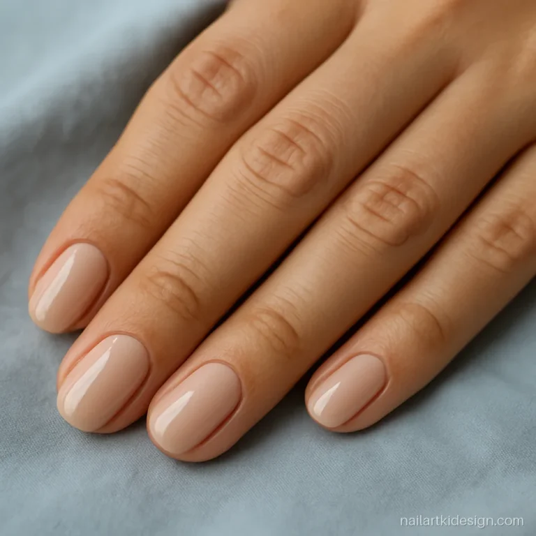 Beige nude nail polish with a clean glossy finish on short oval nails