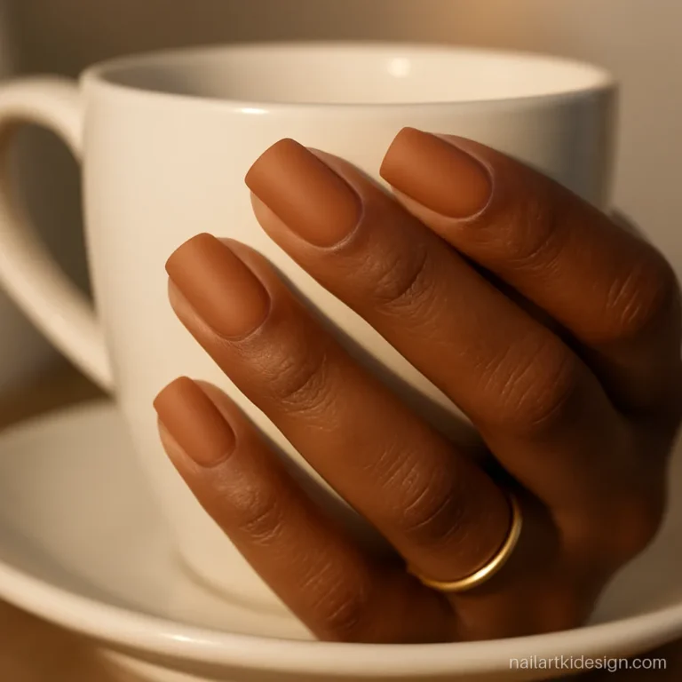 Caramel nude nails in a soft matte finish on medium squoval nails