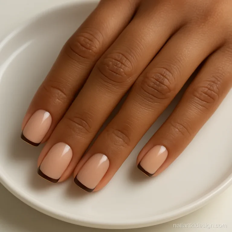 Nude nails with chocolate brown French tips on medium squoval nails