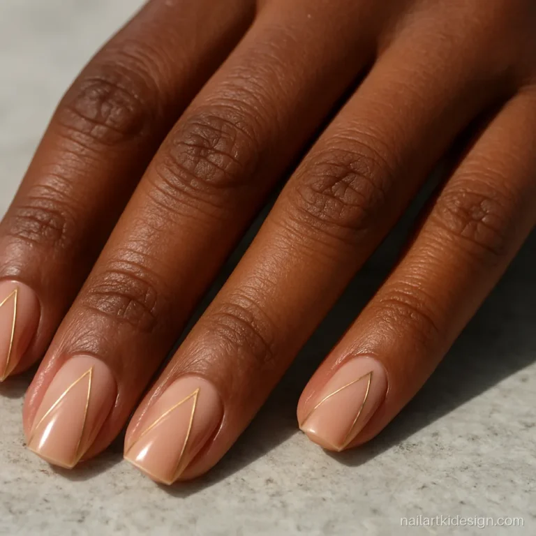 Nude nail art designs with gold geometric triangles on square nails