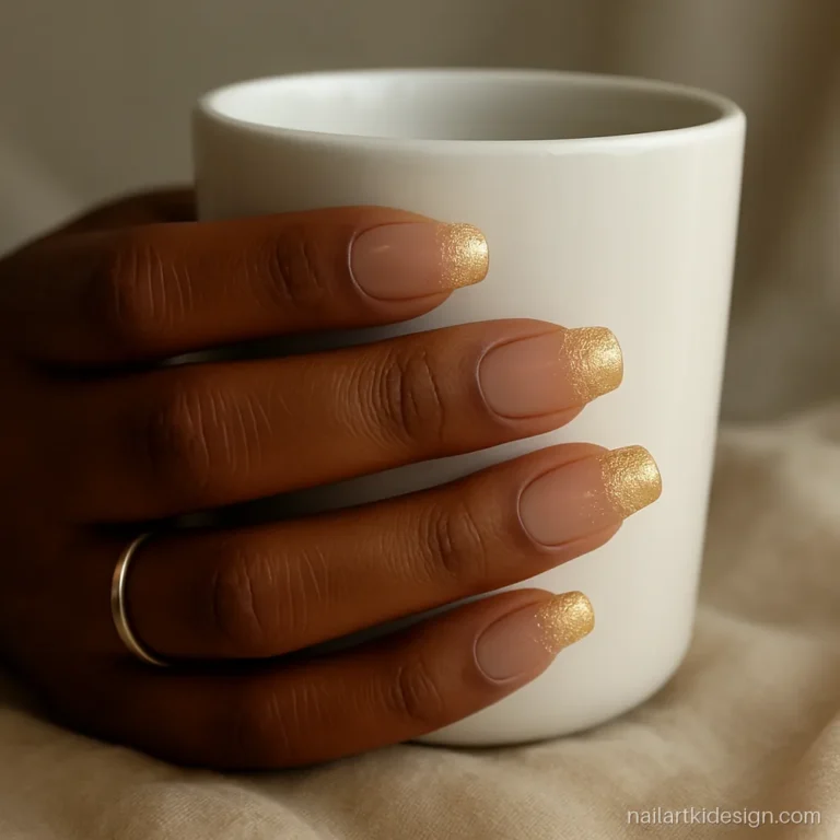 Nude nails with fine gold glitter fading from the tip on coffin nails