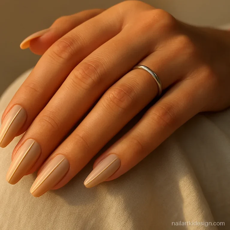 Nude nails with one thin vertical gold line on long coffin nails