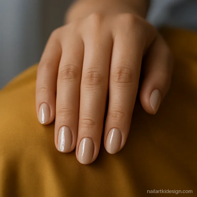 Nude nail polish with silver glitter on the ring finger only