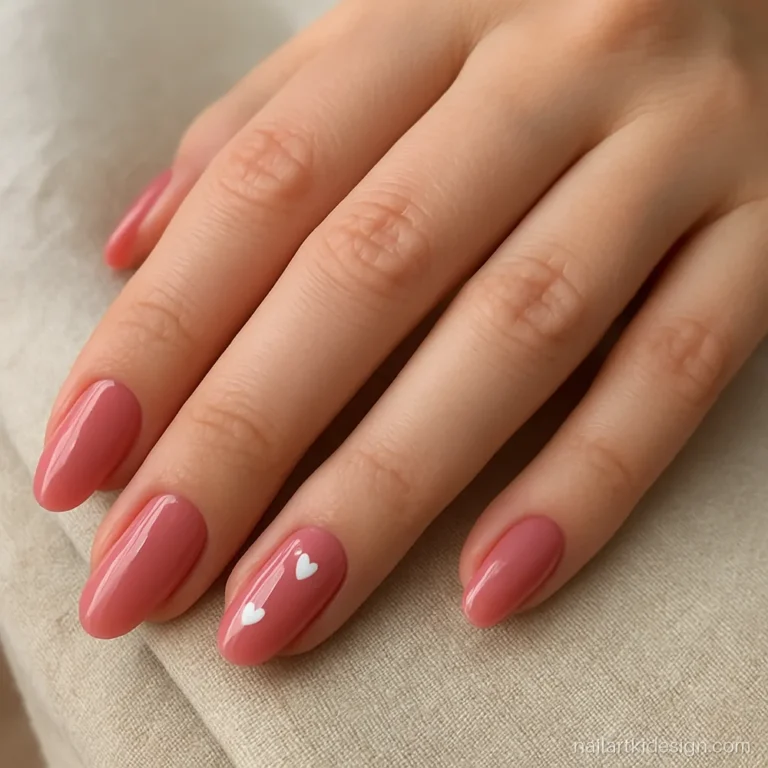 Nude nail art designs with tiny white hearts on two accent nails
