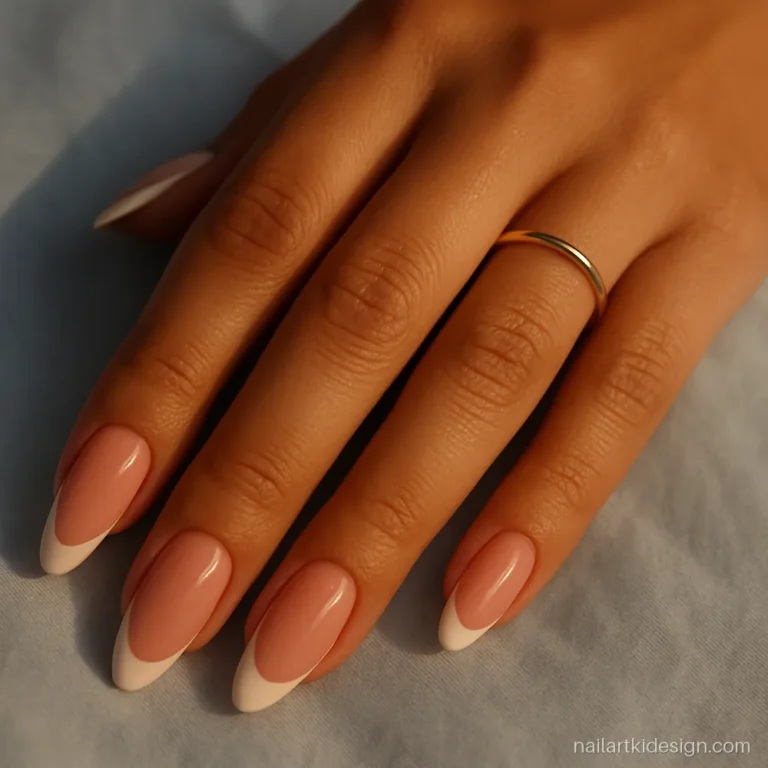 Nude nails with a deep white French tip on long almond nails