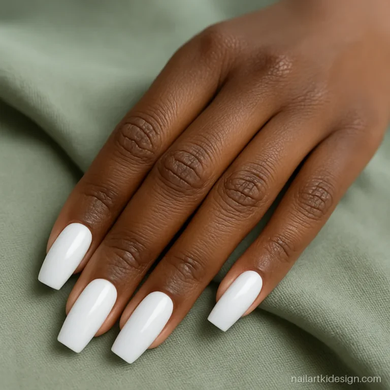Solid white nails with a glossy finish on medium coffin nails