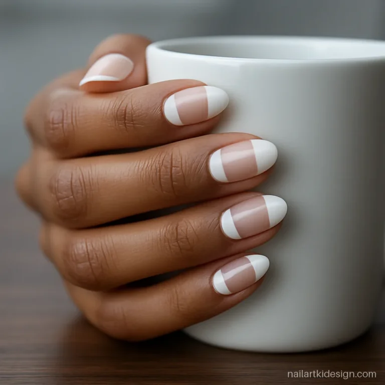 White nail art with negative space lines on medium almond nails