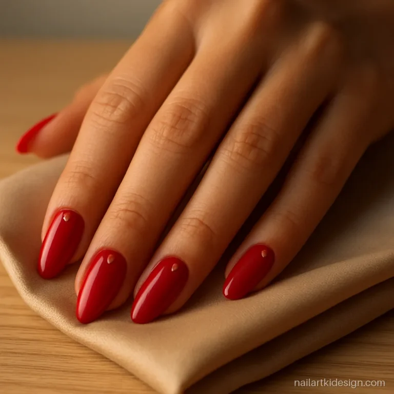 Almond nail art in red with gold dots near the cuticle on long nails