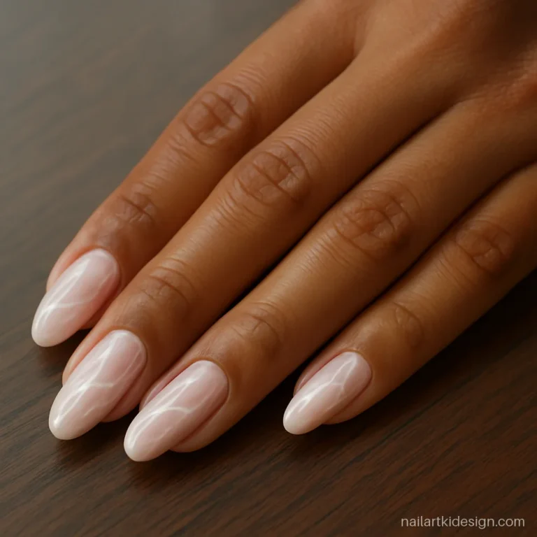 Pink almond nail designs with soft white marble on medium almond nails