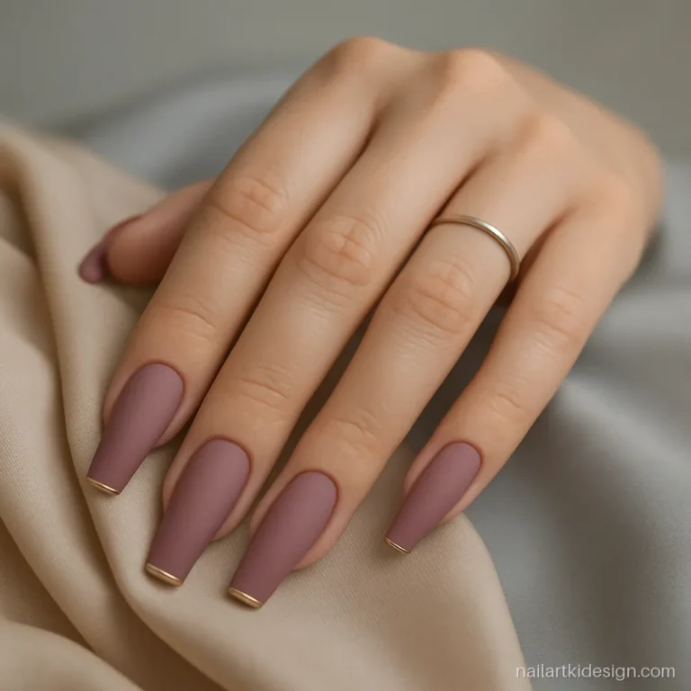 Ballerina nails in matte mauve with a thin gold edge on the tips