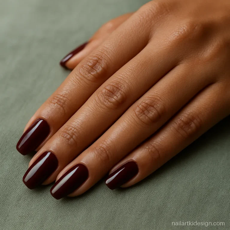 Medium coffin nails in wine red, a shorter take on the ballerina shape
