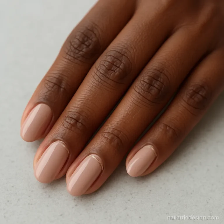 Medium oval nails in nude with a gold line across the base