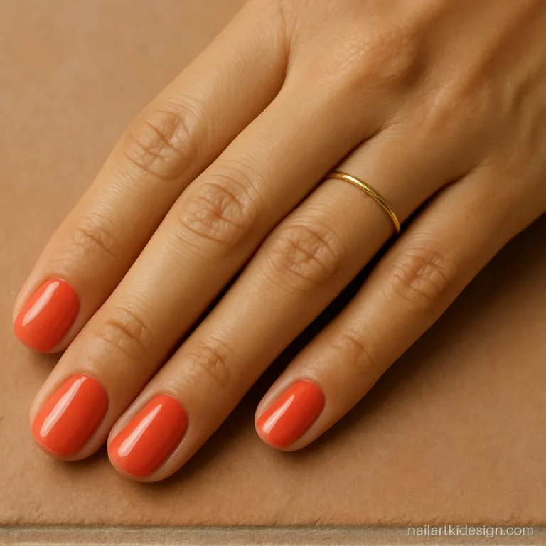 Round nail shape on short nails painted in bright coral