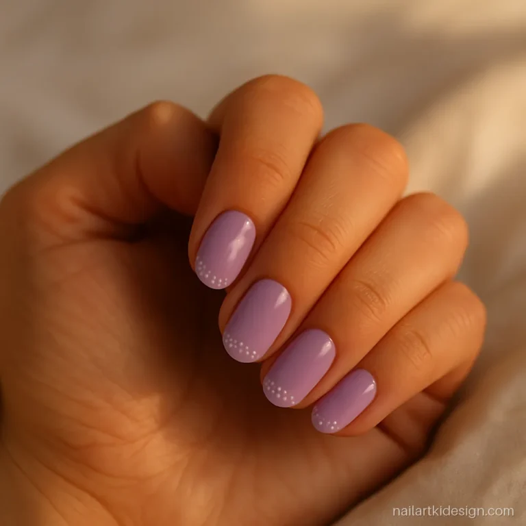 Round nails in lavender with tiny white dots for fuller fingers