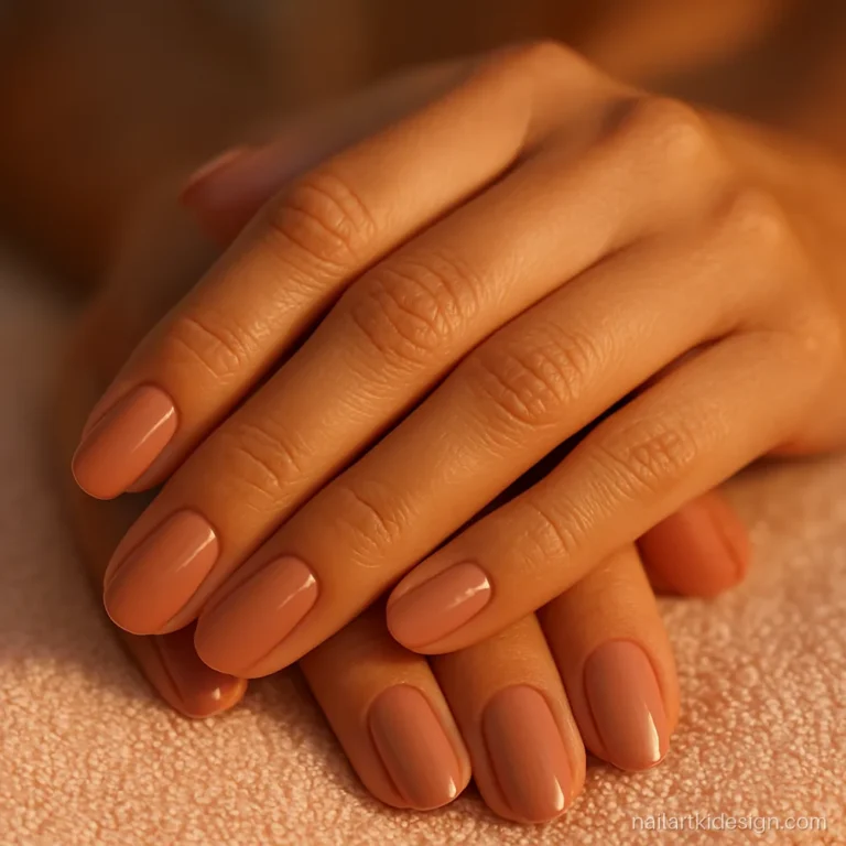 Short almond nails in glossy warm nude for everyday office wear