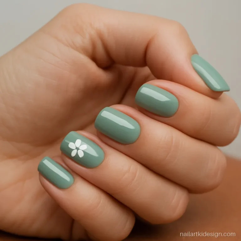 Short almond shape nail designs in sage green with a small white flower