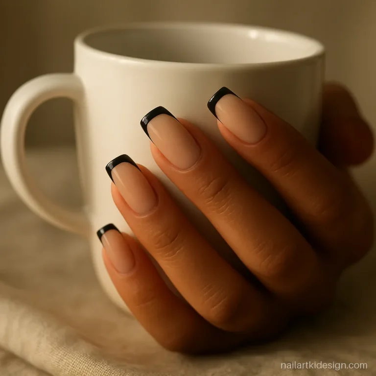 Square nail designs with straight black French tips on long square nails