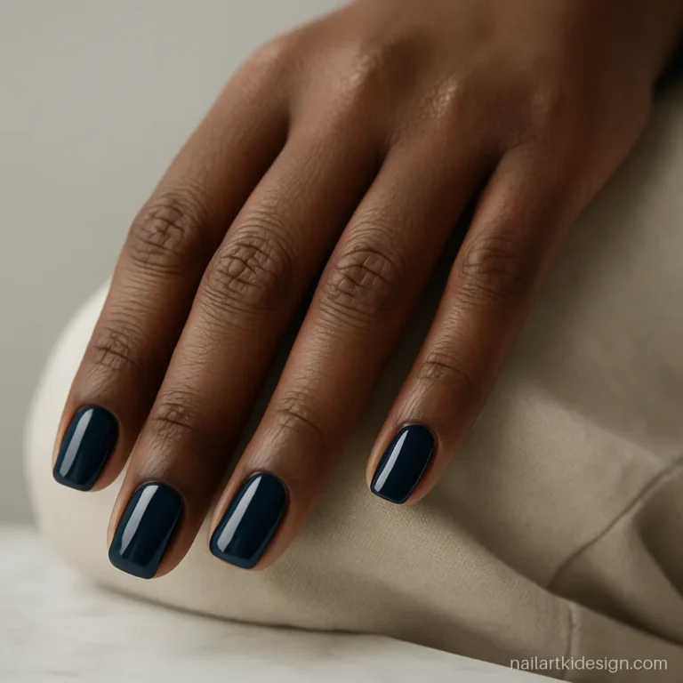 Square nail shape on short nails in glossy navy blue with clean corners