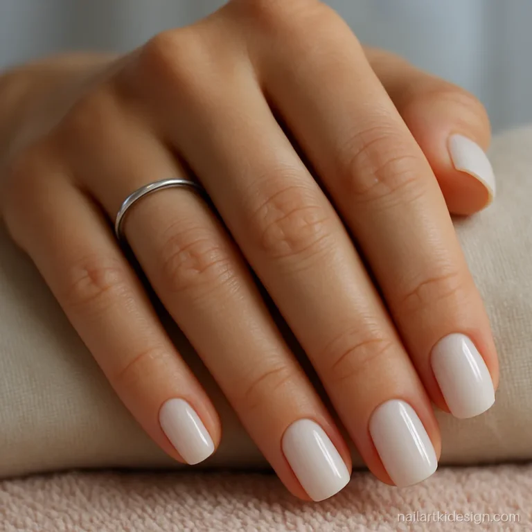 Squoval nail shape in milky white on medium nails with soft corners