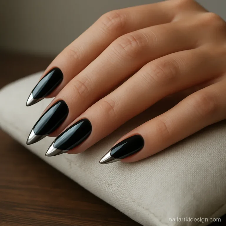 Medium stiletto nails with silver chrome tips on a black base