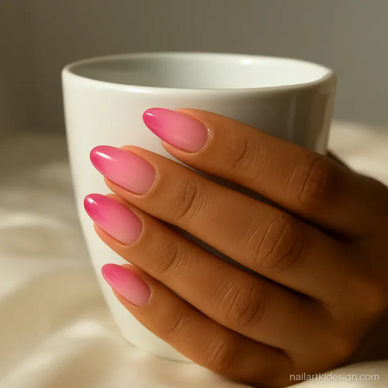 Pink ombre nails fading from baby pink to fuchsia on medium almond nails