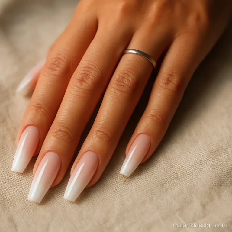 Pink and white ombre nails on long coffin acrylic extensions
