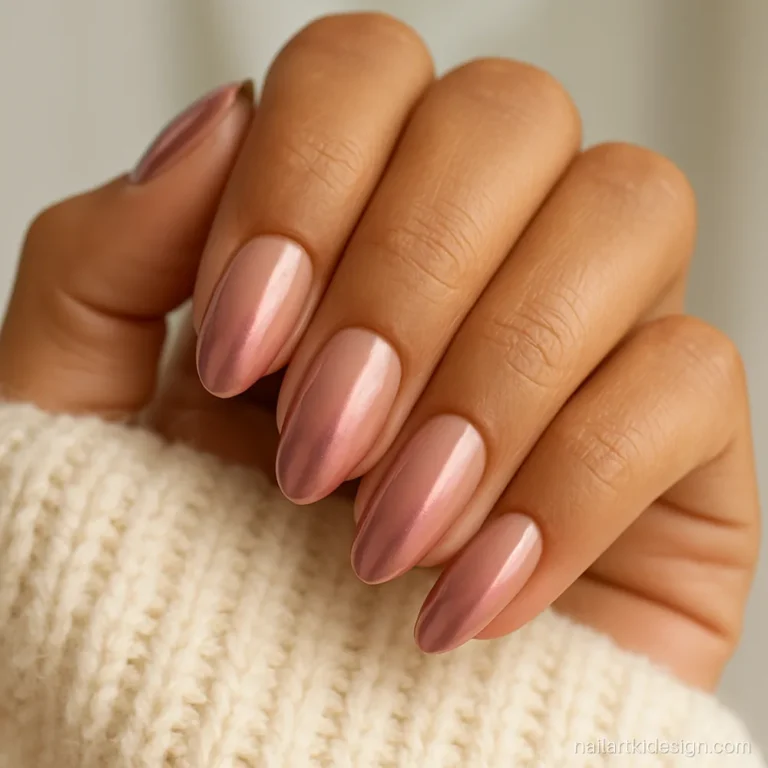 Chrome ombre nails with pink chrome fading into a nude base on almond nails