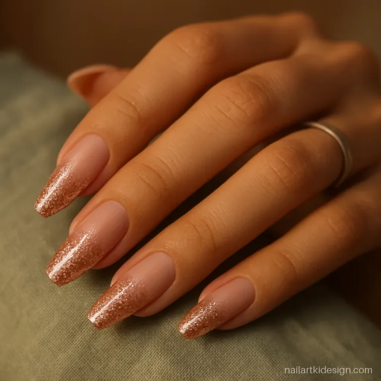 Rose gold ombre glitter nails with sparkle building up to the tips on coffin nails