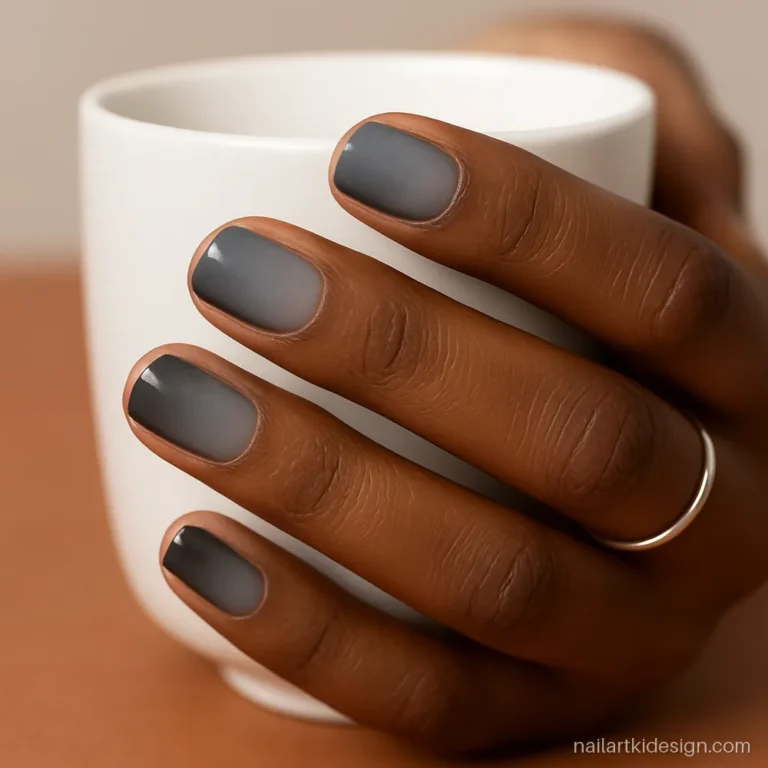 Short squoval nails with a soft grey ombre from light grey to charcoal
