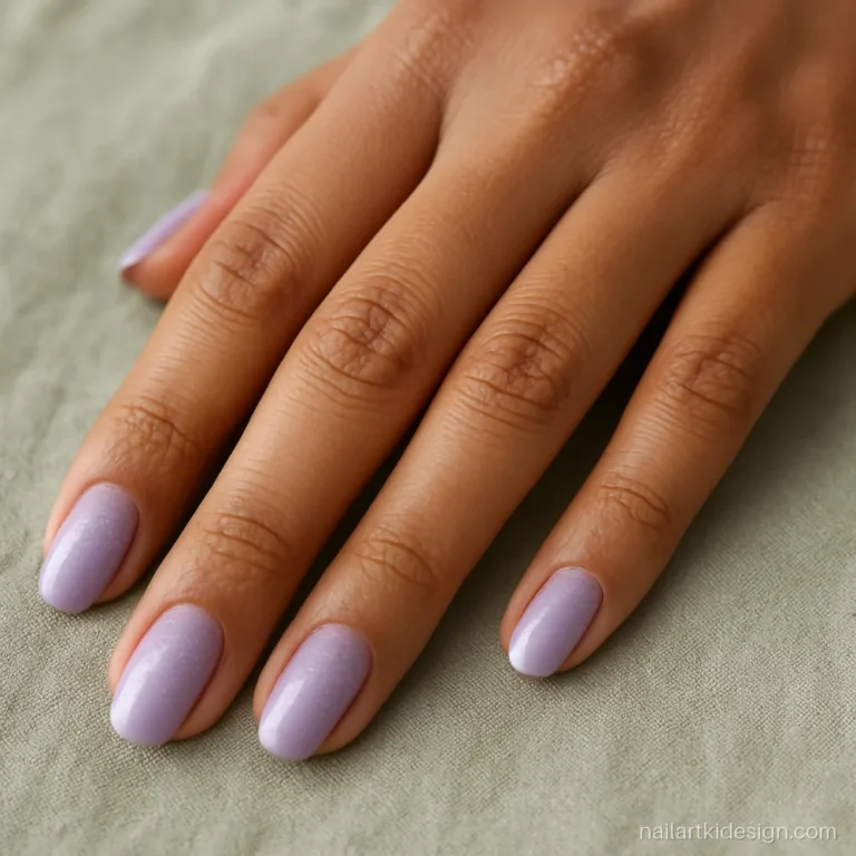 Short oval nails with a lavender ombre and fine glitter at the cuticle