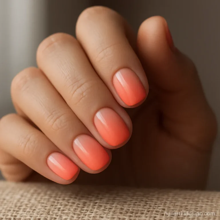 Short round nails with a gentle peach to coral ombre blend