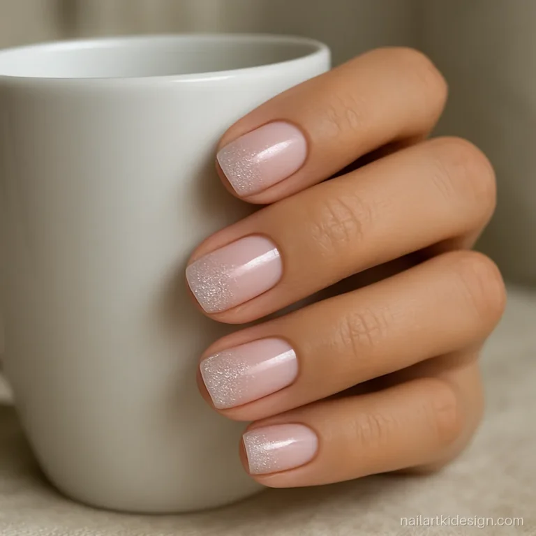 Silver glitter ombre nails on short square nails over a pale pink base