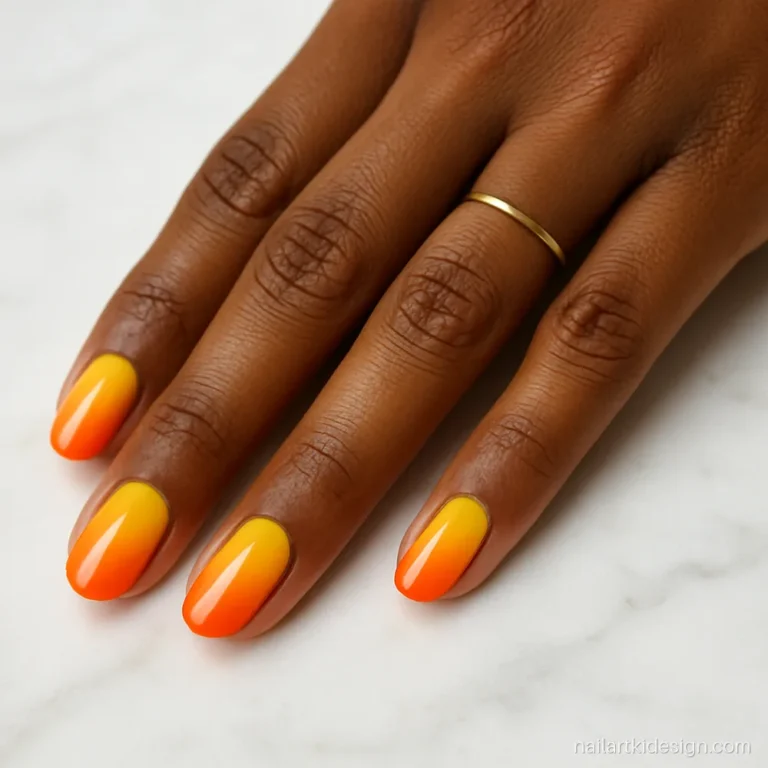 Sunset ombre nail design blending lemon yellow into orange on medium oval nails