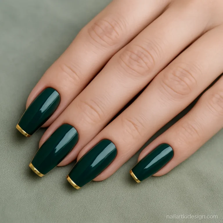Dark green nail designs in emerald with gold French tips