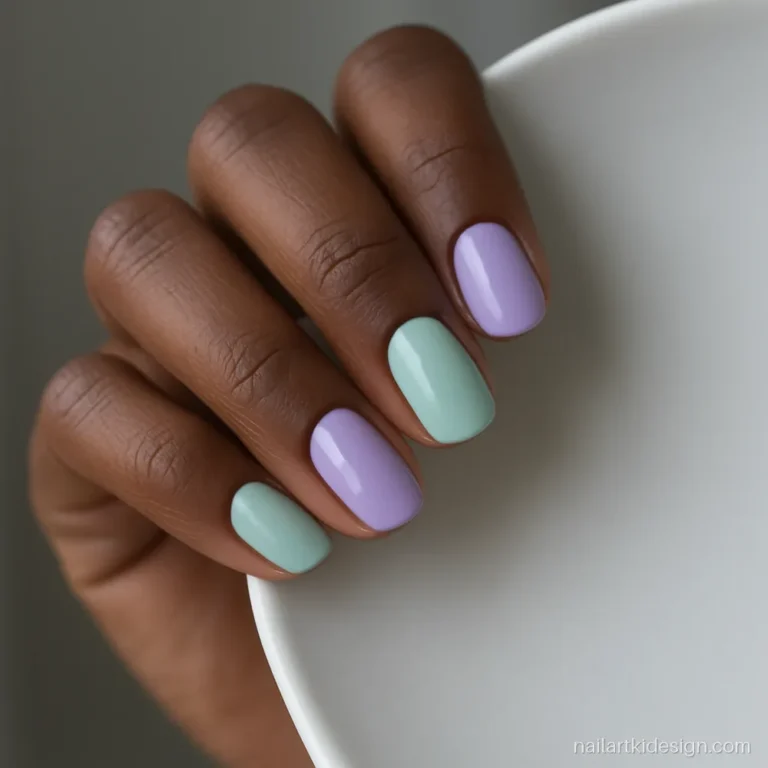 Two colour nail art in lilac and mint on short oval nails