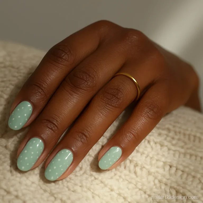 Light green mint nails with tiny white dots on medium oval nails