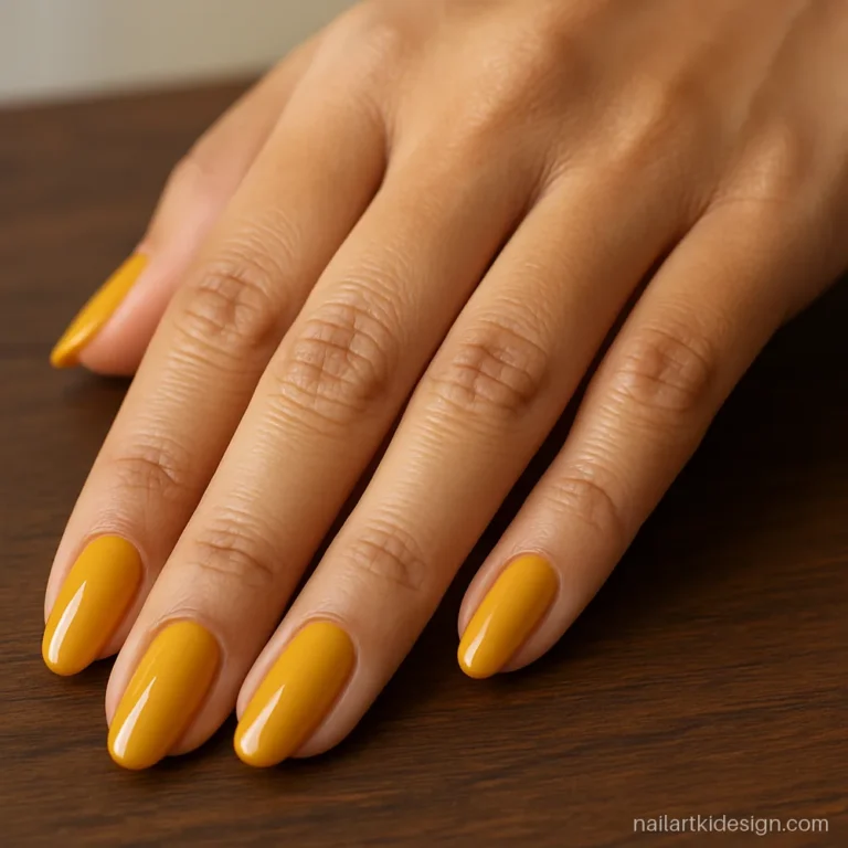 Mustard yellow nail polish with a glossy finish on almond nails