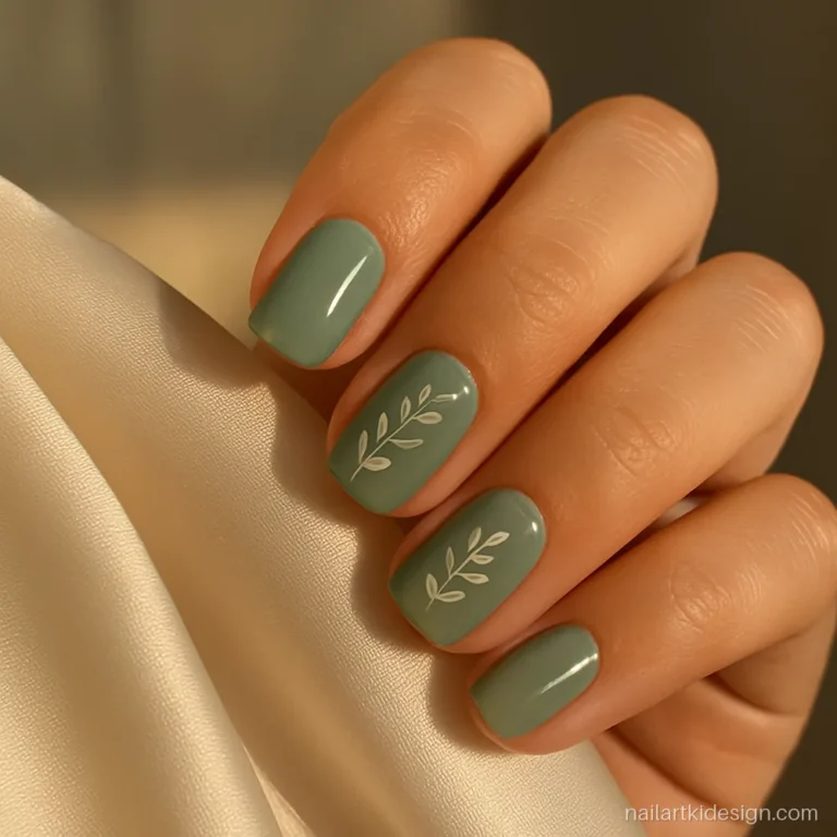 Sage green nails with small leaf art on short square nails