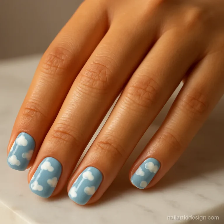 Sky blue nails with small white clouds on short squoval nails