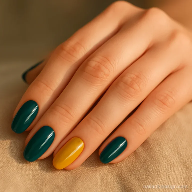 Teal and mustard nail designs for wheatish skin on almond nails
