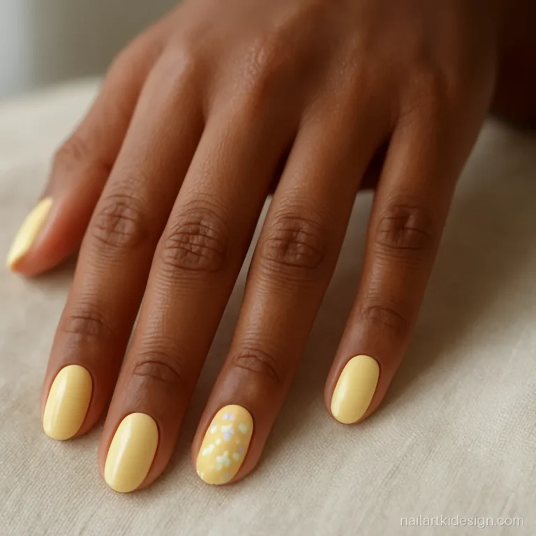 Yellow nail art with small white daisies on short oval nails