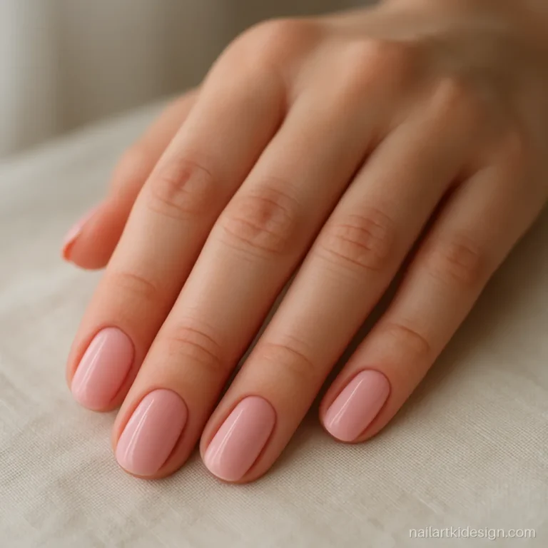 Glossy baby pink nails on short oval nails with a clean thin finish