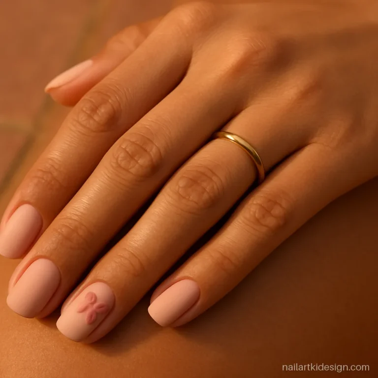 Matte blush nails with one small pink bow on the ring finger
