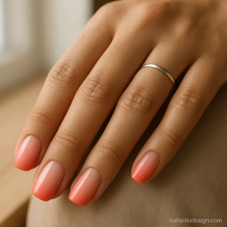 Coral and pink ombre nails blended softly on medium squoval nails